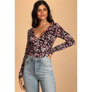 Lulus Bound to Bloom Black Floral Print Long Sleeve Bodysuit L